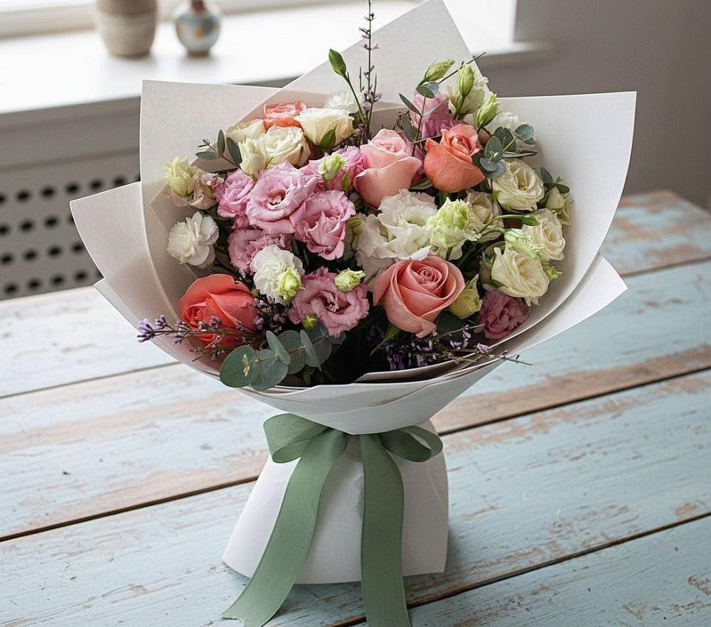 Букет цветов из: Розы, Лизиантусы и Гвоздики в Покровский городок